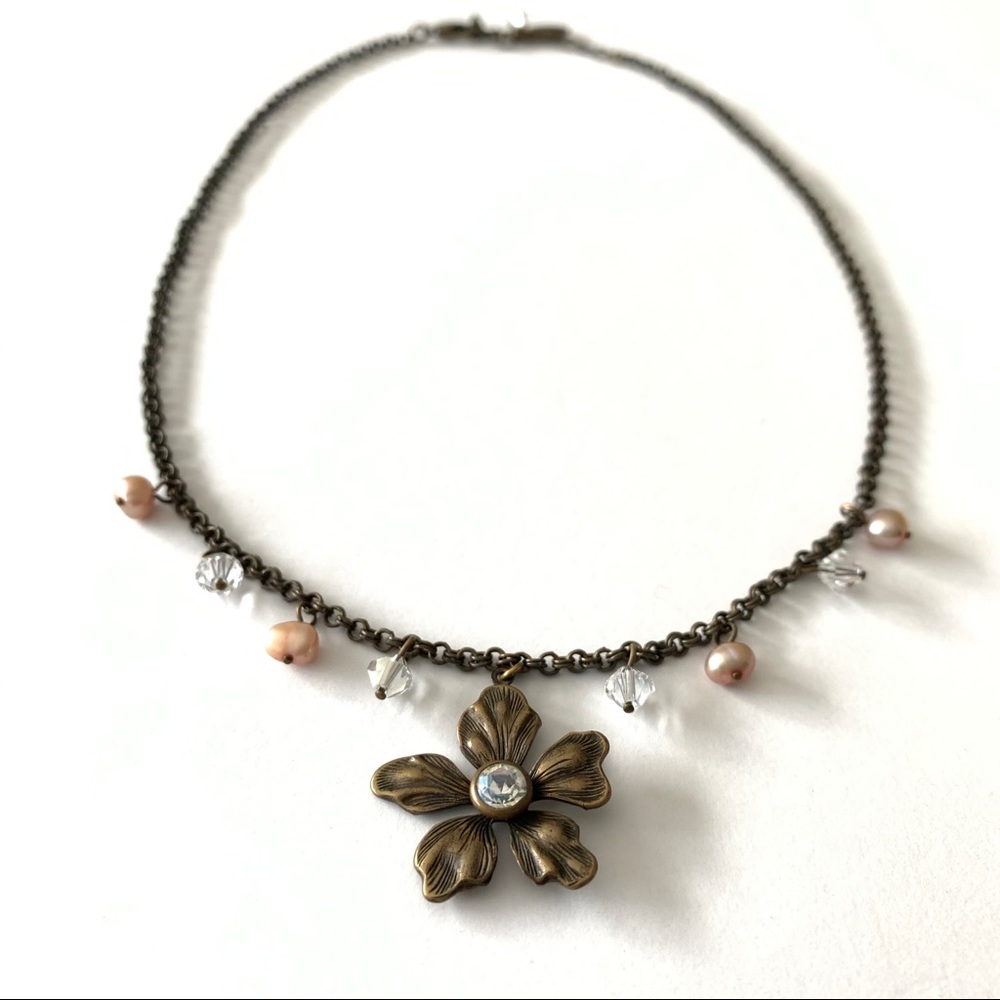 Liz Palacios SF bronze flower & Swarovski necklace